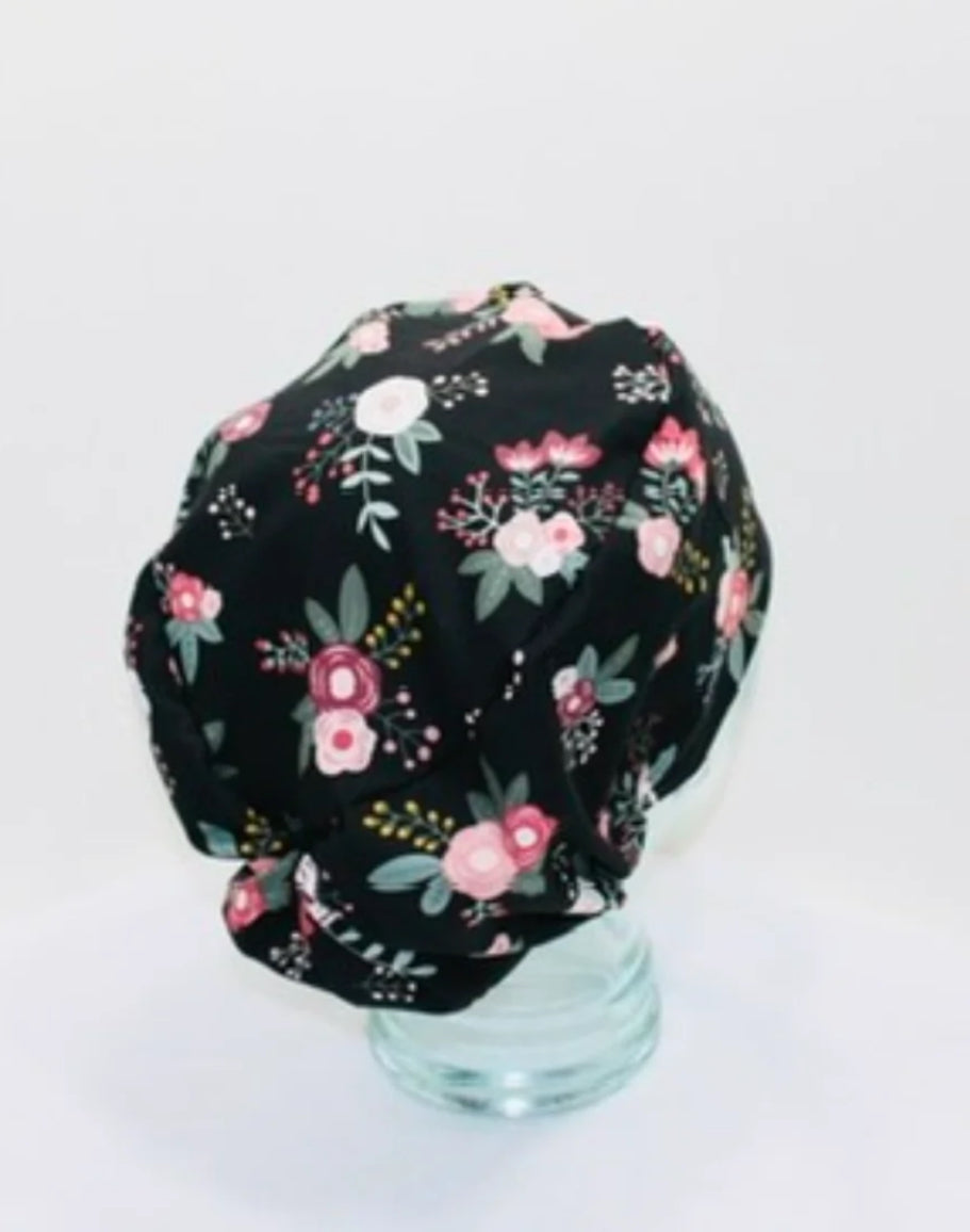 European Scrub Hat-Floral on Black