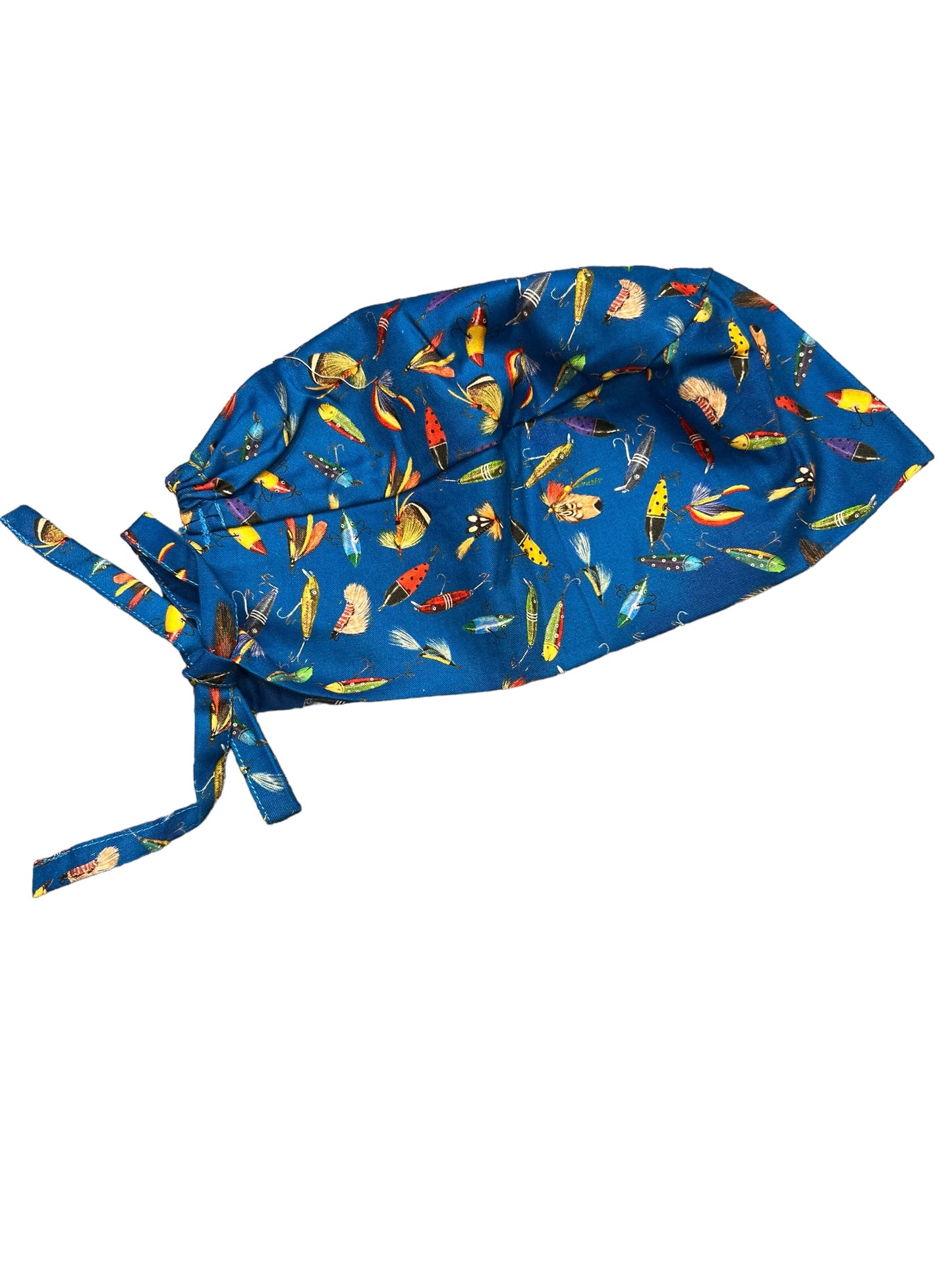 Mens Scrub Hat- Fishing Lures on Blue