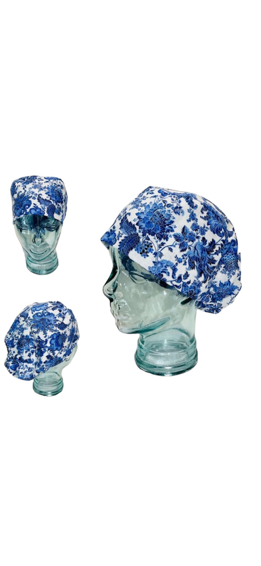 European Scrub Hat-Blue Flowers on White