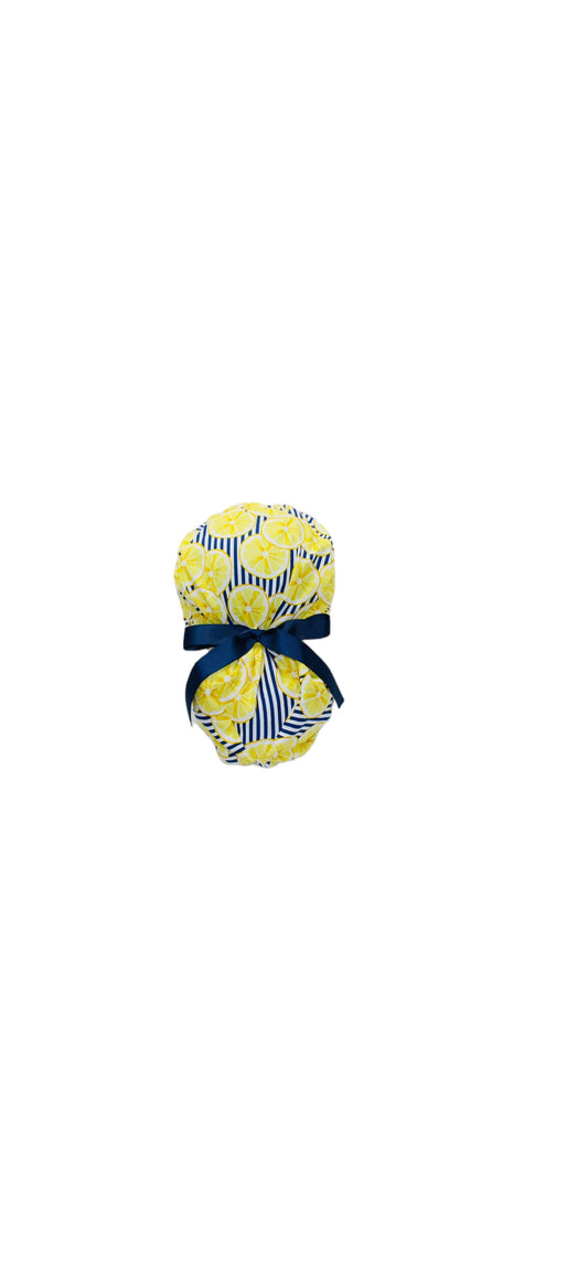 Ponytail Scrub Hat-Lemons on Stripe