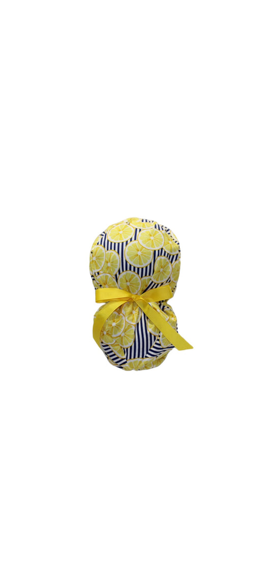 Ponytail Scrub Hat-Lemons on Stripe