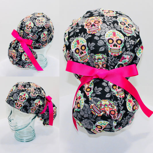 Ponytail Scrub Hat-Sugar Skull - Ava Greys Designs