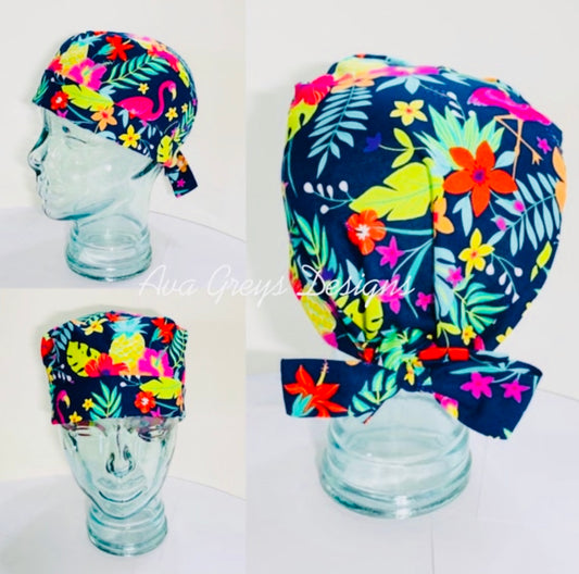 Tie Back Scrub Hat-Pineapples & Flamingos - Ava Greys Designs