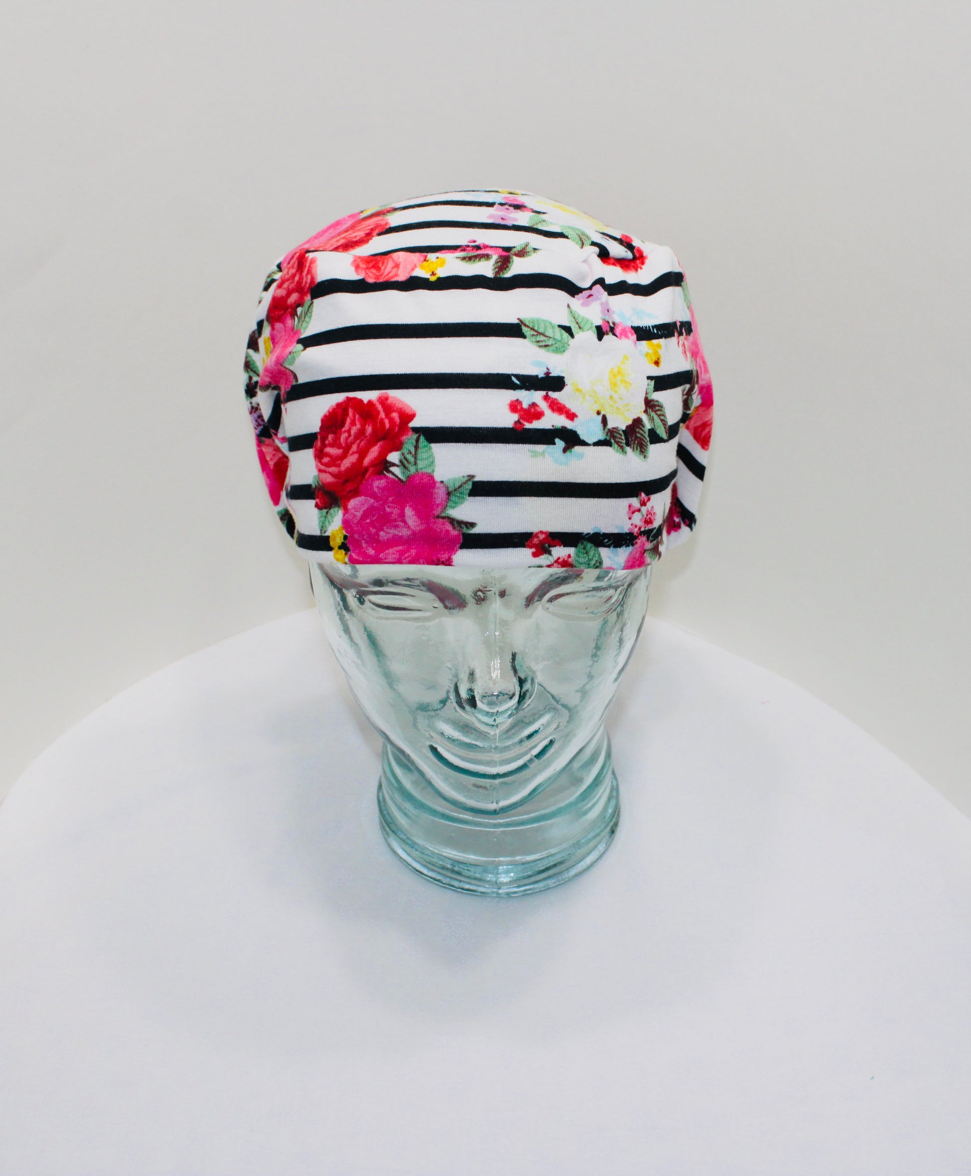 Soft Knit Scrub Hat-Flowers on Stripe - Ava Greys Designs