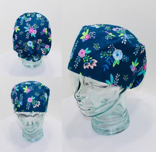 European Scrub Hat-Flowers on Navy - Ava Greys Designs