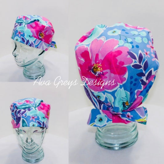 Tie Back Scrub Hat-Watercolor Floral - Ava Greys Designs