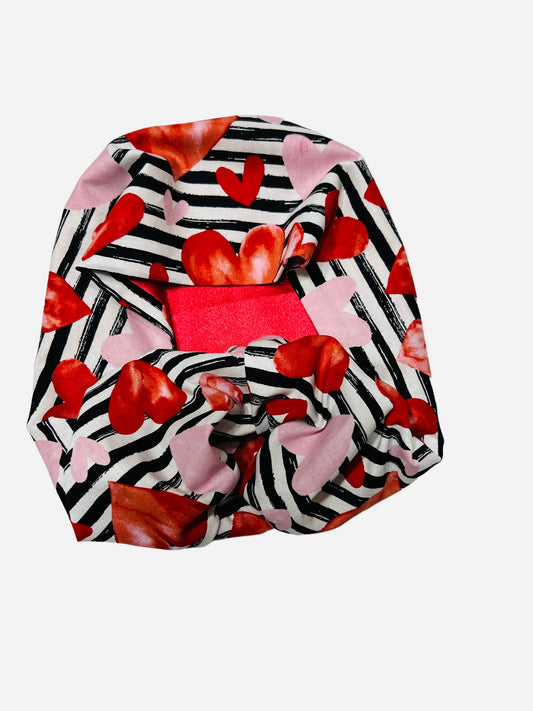 Satin Lined Scrub Hat-Hearts on Stripes