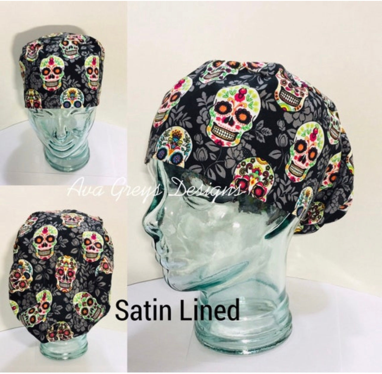 Satin Lined Scrub Hat-Sugar Skull - Ava Greys Designs